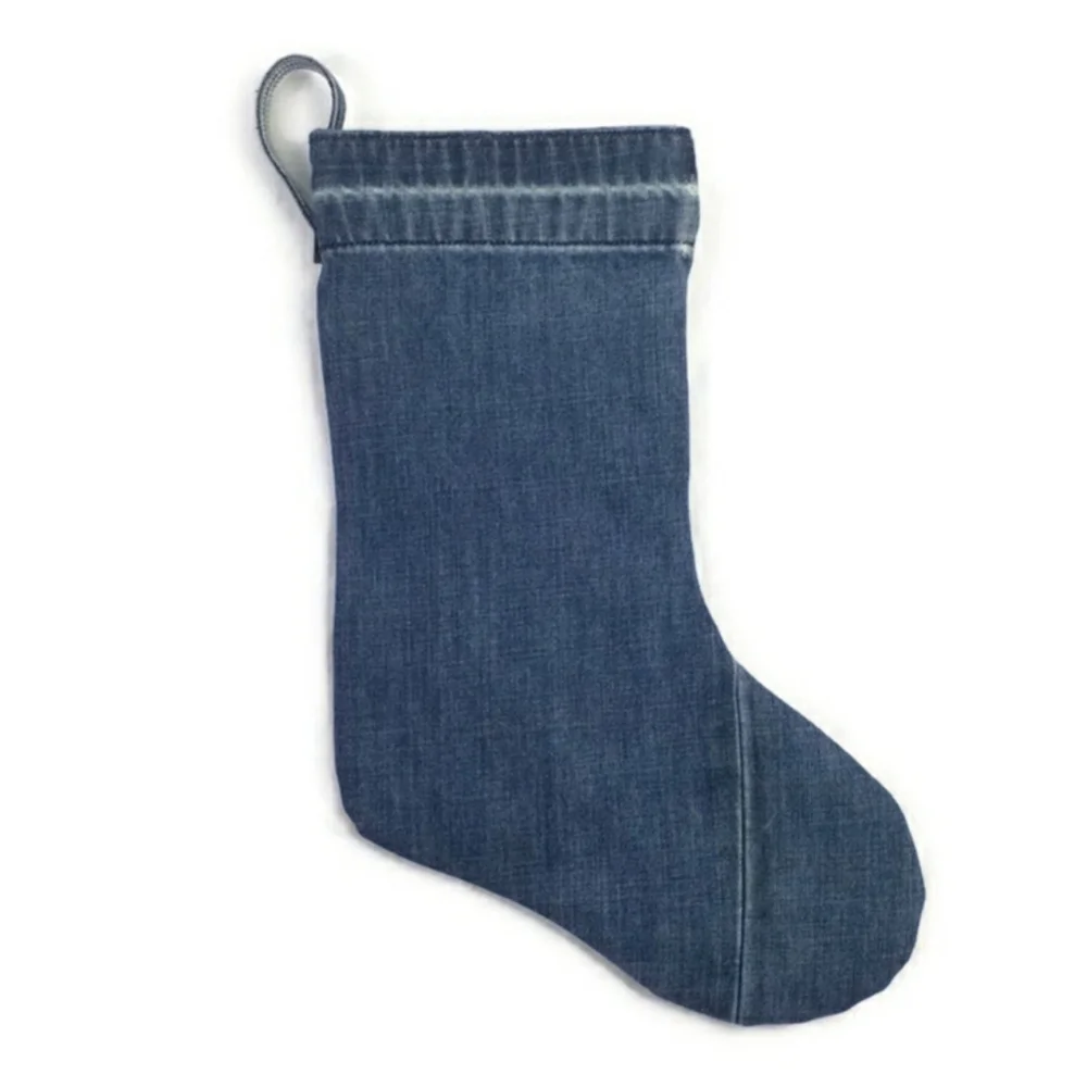 Hand Made Upcycled Denim Christmas Stocking Plaid Toe Heel 17” Rustic Lined